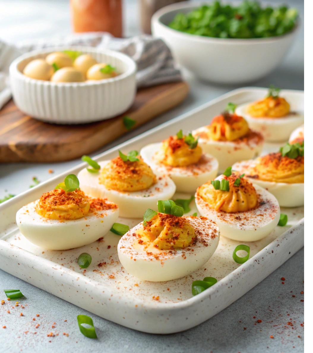 spicy-deviled-eggs-arranged-on-a-white-ceramic-pla