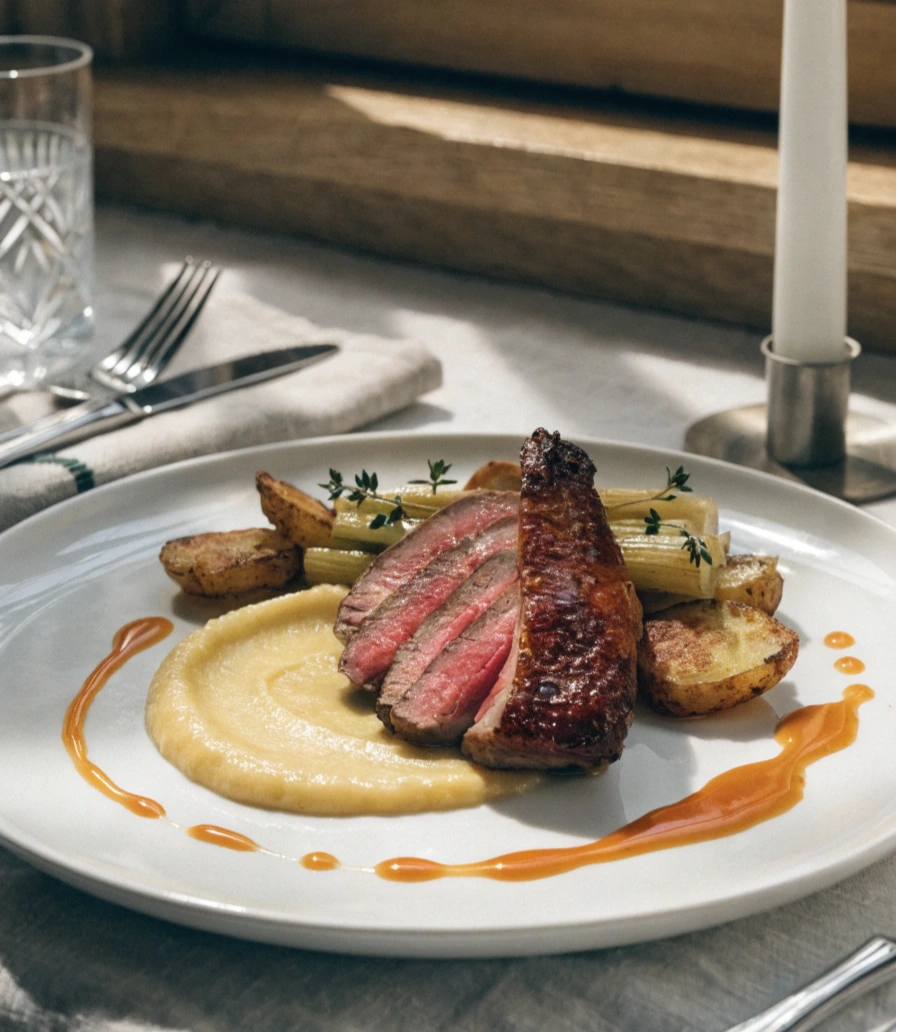 a-gourmet-plated-duck-breast-sliced-medium-rare-wi