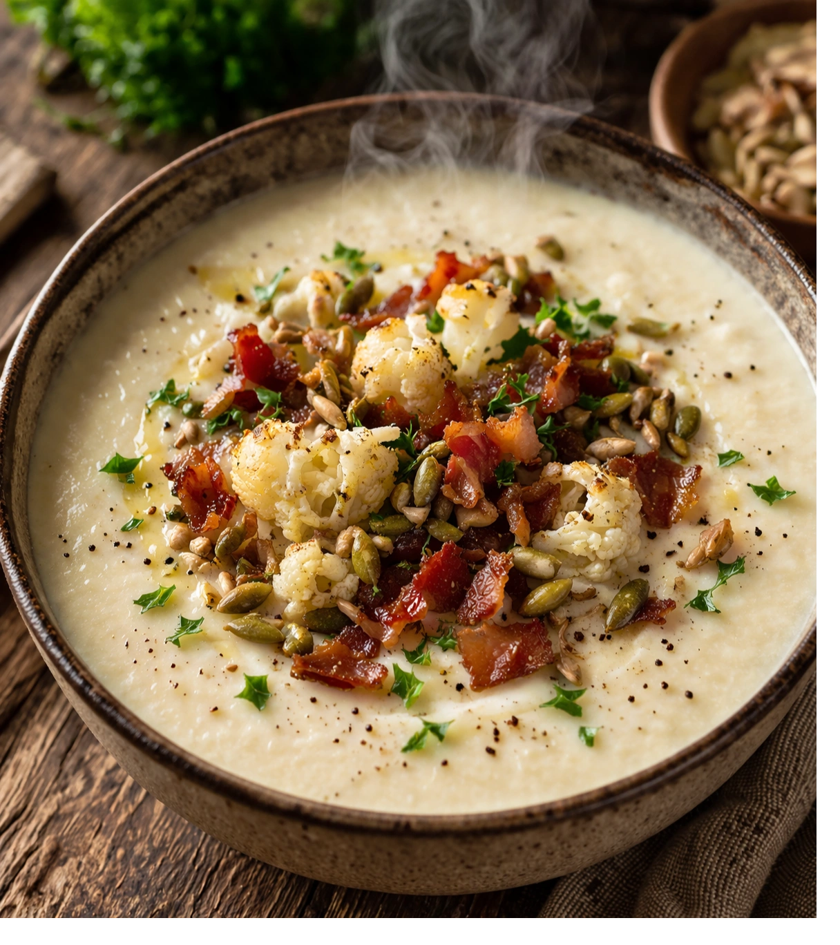 Warm creamy soup with crispy toppings