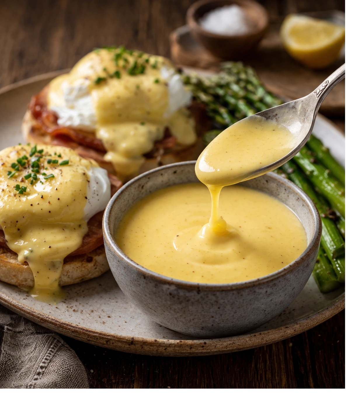 Eggs Benedict with hollandaise and asparagus