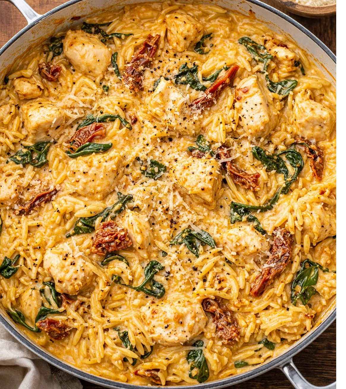 Creamy chicken and spinach orzo skillet